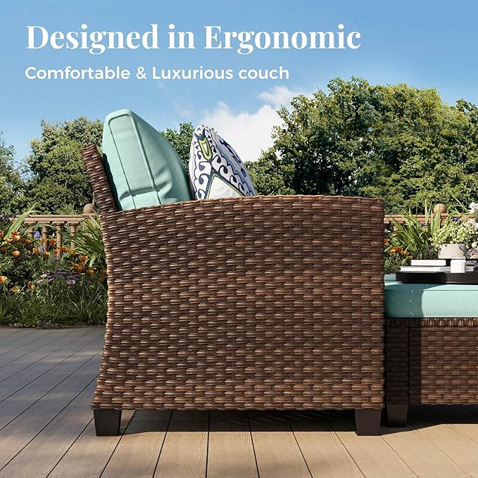 Patio Furniture Set, 6 Pcs Wicker Rattan Outdoor Conversation Set, 2 x Leg Chairs, 1 x 3 Seater Sofa and 2 x Ottoman with 4" Thick Cushion and 56" Fire Pit Table, Blue