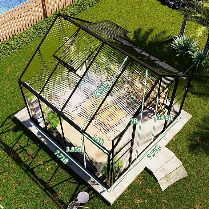 Amerlife 8x8x7 FT Outdoor Polycarbonate Greenhouse, Walk-in Aluminum Frame Design with Two Windows & Swing Door, Durable Garden Structure in Black