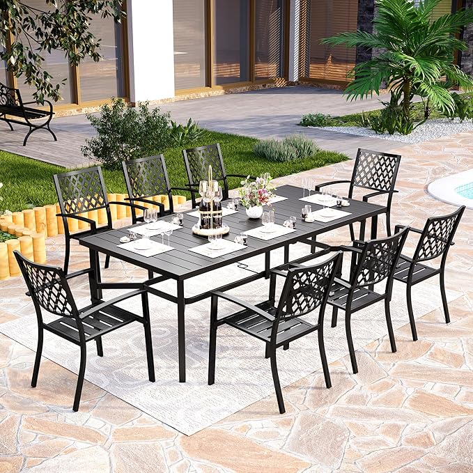 PHI VILLA 9 Pieces Outdoor Dining Set for 8, Rectangular Metal Table with Umbrella Hole & Stackable Wrought Iron Chairs, Large Dining Furniture for Patio, Deck, Yard, Porch
