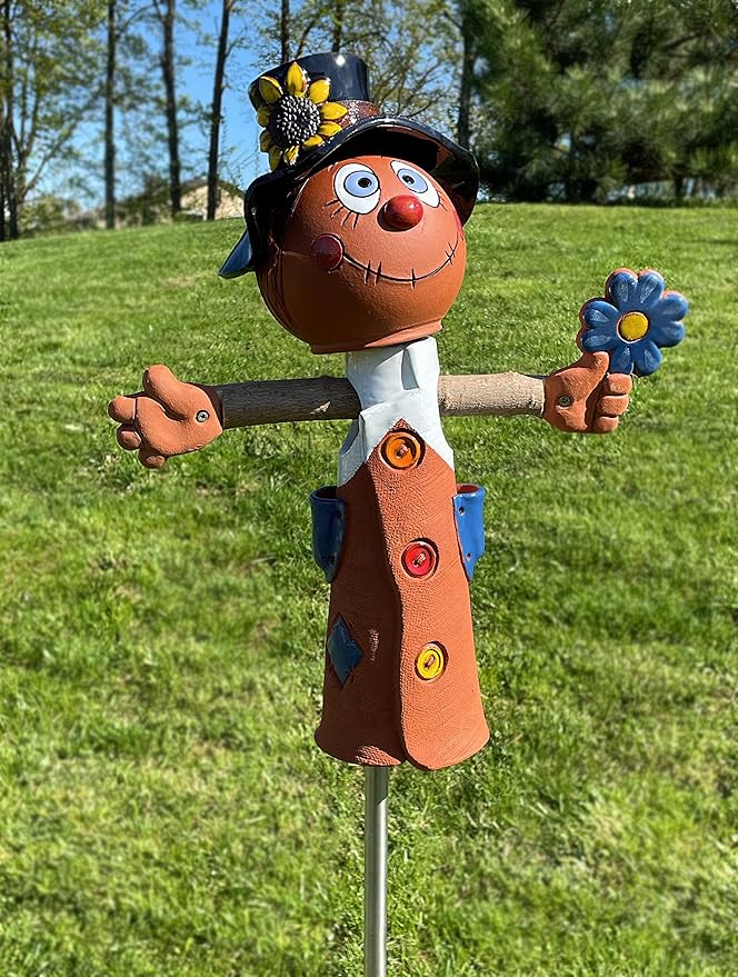 Ceramic Garden Decor - Scarecrow Lawn stake - Outdoor statue - Perfect, unique gifts for gardeners woman, men, yard gifts - Handmade, Frostproof