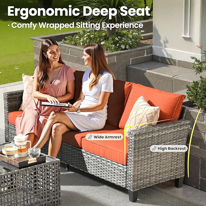 ovios 8 Pieces Patio Furniture Set with Swivel Chairs Rocking Gliders, Outdoor Sofa Couch with Solar Lights Table Comfy Cushions, Modern Deep Seat Wicker Rattan Conversation Set, Orange Red