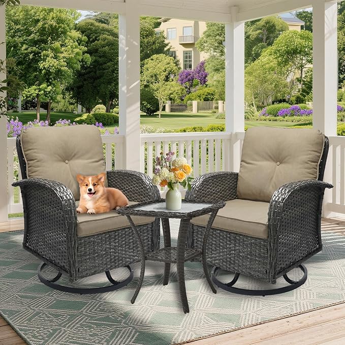 3 Pieces Patio Furniture Set, Outdoor Swivel Rocking Chair Set of 2 with Side Table - 360° Swivel, Thick Cushions, All-Weather Bistro Set for Deck, Porch, Pool(Brown, Grey Full-Weave Rattan)