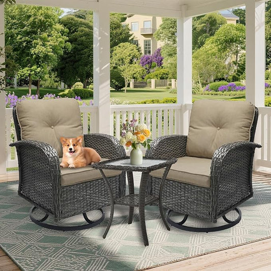 3 Pieces Patio Furniture Set, Outdoor Swivel Rocking Chair Set of 2 with Side Table - 360° Swivel, Thick Cushions, All-Weather Bistro Set for Deck, Porch, Pool(Brown, Grey Full-Weave Rattan)