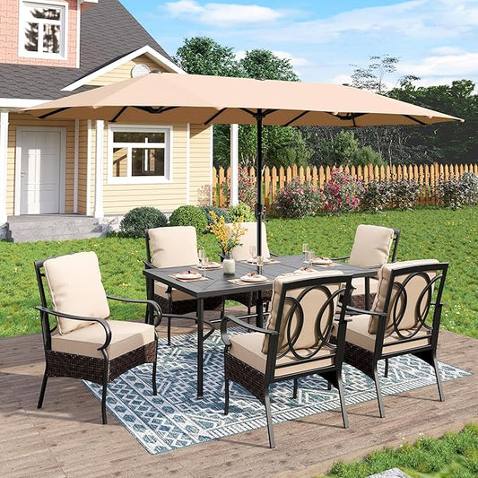 PHI VILLA Outdoor Dining Set for 6, All-Weather Patio Table and Chairs Set with Umbrella for 6, Heavy Duty Rectangle Patio Table Set for Deck, 6 Extra Large Outdoor Swivel Chairs with Thick Cushions