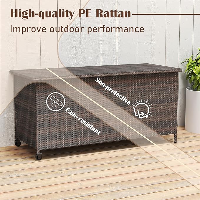 RELAX4LIFE 85-Gallon Deck Box with Wheels - Wicker Rattan Storage Bin Container w/Waterproof Liner & Gas Strut for Patio Cushions, Garden Tools, Pool Supplies, Indoor Outdoor Storage Box (Brown)