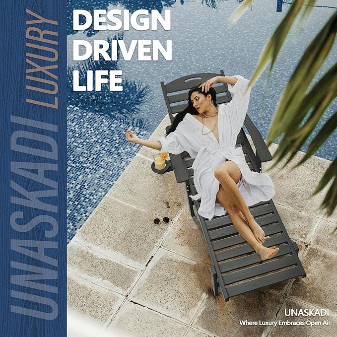 Patio Chaise Lounge Chair Set of 2, HDPE Outdoor Lounge Chairs with 5-Position Adjustable Backrest, Cup Holder and Wheels, 450lbs Capacity for Poolside Deck Backyard, All Weather Material(Gray)