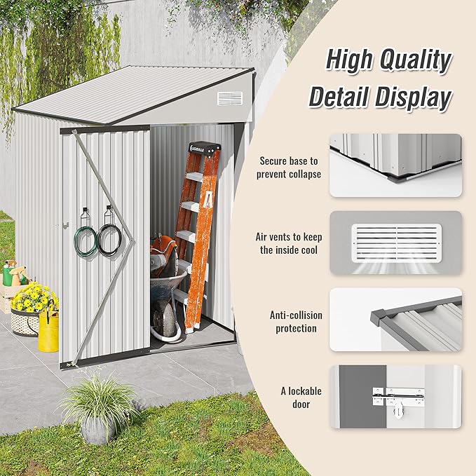 8x4 FT Outdoor Storage Shed, Metal Shed with Floor, Lockable Door, Sloping Roof, All-Weather Lean to Resin Shed for Garden, Backyard, Patio, Lawn (White)