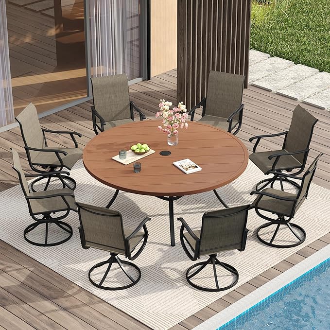 VICLLAX Patio Dining Set for 8, 9 Pieces Outdoor Furniture Includes 60" Round Patio Table with Umbrella Hole and 8 Outdoor Swivel Chairs for Lawn Garden, Walnut Tabletop and Mixed Brown Fabric