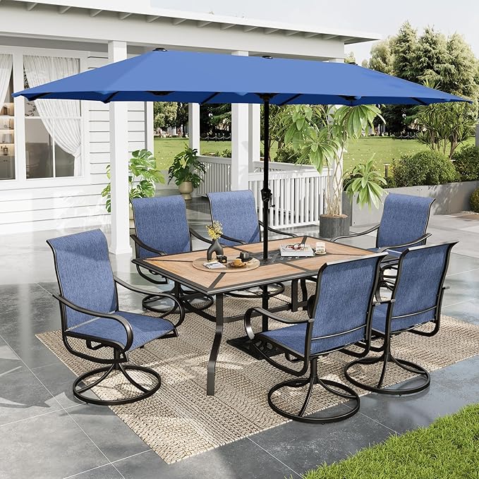 Sophia & William Patio Set with Umbrella Patio Dining Set for 6 with 13ft Rectangle Patio Umbrella Navy, 6 x Patio Chairs Blue, 1 Wood Like Outdoor Dining Table with Umbrella Hole for Lawn Garden