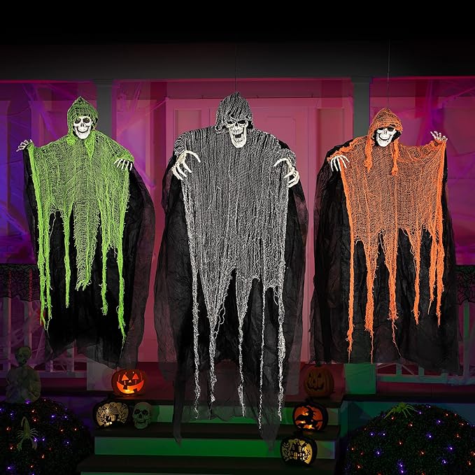 JOYIN Halloween Hanging Grim Reapers (3 Pack), One 47” and Two 35” Grim Reapers, Halloween Skeleton Flying Ghost for Haunted House Prop Décor, Outdoor Indoor Decor