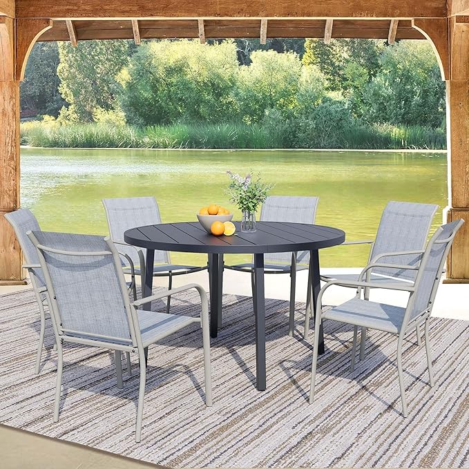 7 Pieces Round Dining Table Set for 6, Patio Dining Set Includes 6 Beige Blue Stackable Patio Chairs and 1 Black Round Table Set of 6, Patio Furniture Sets with Sling Support for Outside, Garden