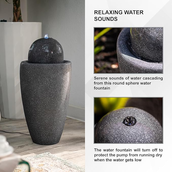 XBrand 25.98" H Round Stone Indoor/Outdoor Modern Stone Textured Sphere Water Fountain w/LED Lights, Ball Fountain Decor, Gray