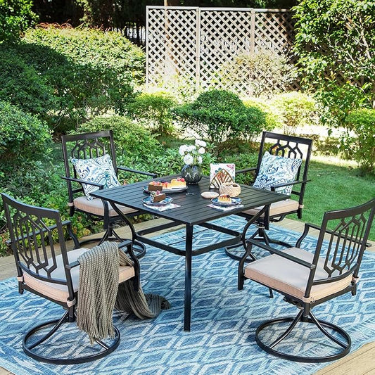 PHI VILLA 5-Piece Outdoor Dining Set, 4 Steel Metal Swivel Patio Chairs & 1 Square Dining Table, Paperclip Pattern Back, Classic Black