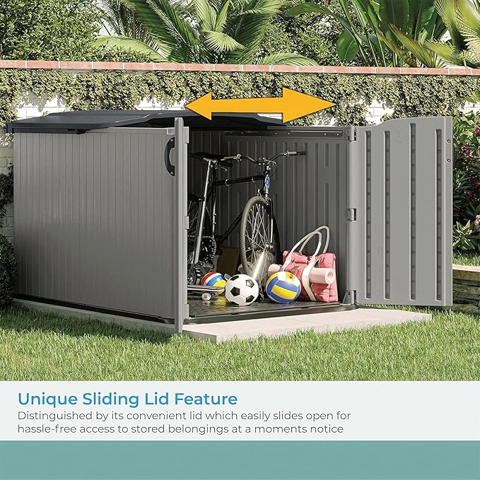Suncast 138 Cu Ft Horizontal Outdoor Storage Shed, 57.5"x79.75"x52" Glidetop Outdoor Shed with Sliding Lid, Plastic Resin Storage Sheds with Floor for Bikes, Motorcycles, & Lawn Mower, Made in the USA