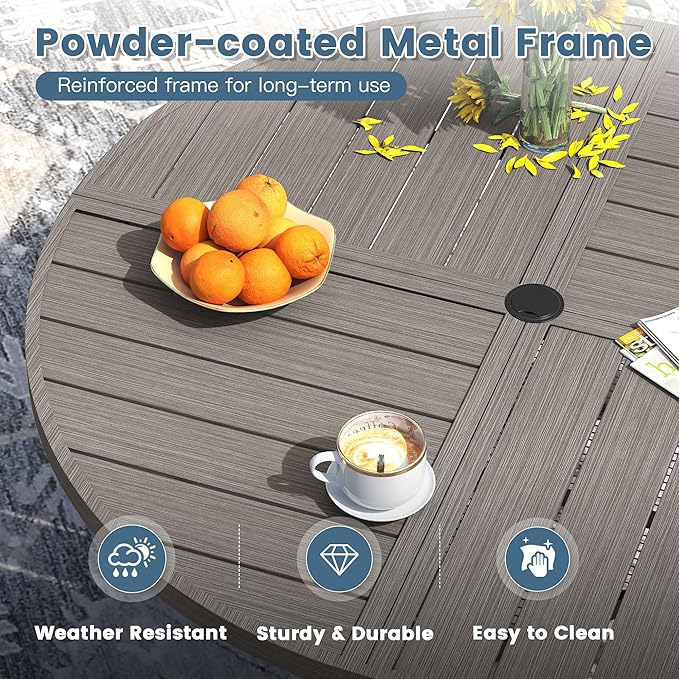 DIFY 50" Round Outdoor Patio Dining Table for 6, All-Weather Metal Steel Slatted Patio Table with 1.57" Adjustable Umbrella Hole, for Lawn Garden Porch Backyard, Grey Wood-Like