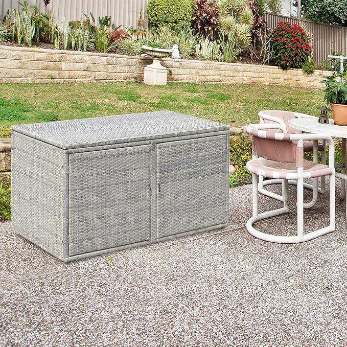 Tangkula Outdoor Wicker Storage Box, Garden Deck Bin with Steel Frame, Rattan Storage Box with Lid, Ideal for Storing Tools, Accessories, 88 Gallon Capacity (Grey)