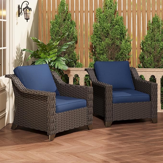 Patio 2 Pieces Chairs Set of 2 with Removable and Washable Covers，Outdoor PE Rattan Wicker Armchairs with Water-Resistant Cushions for Porch, Balcony, Sunroom (Navy Blue)