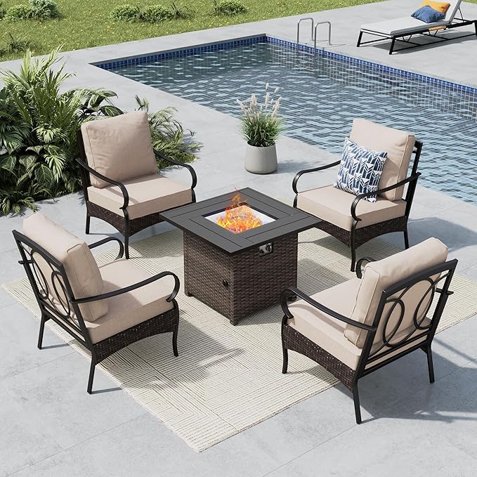 MFSTUDIO 5 Pieces Outdoor Patio Furniture Set, Metal Outdoor Conversation Sofa, Rattan Wicker Patio Sectional Sofa Set with 4 x Fixed Single Sofa, 1 x Fire Pit Table, Beige