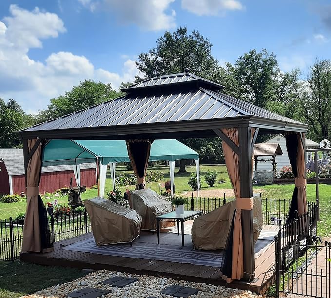 PURPLE LEAF 11' X 13' Outdoor Hardtop Gazebo Patio Wide Aluminum Frame Metal Double Roof with Heavy Duty Netting and Curtains for Permanent Hard Top Pavilion Screen, Khaki