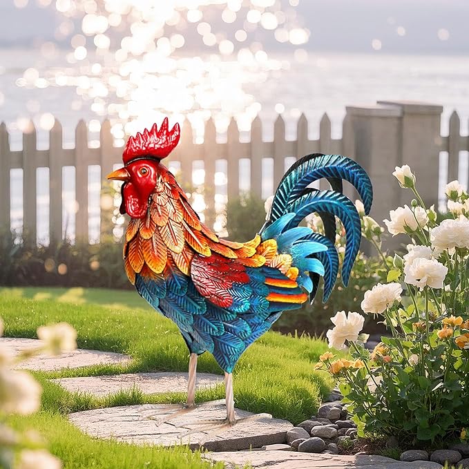 Shorayn Metal Rooster Statues Outdoor Garden Decor Metal Chicken Sculptures & Statues Chicken Ornaments Yard Art for Backyard Patio Lawn Decorations