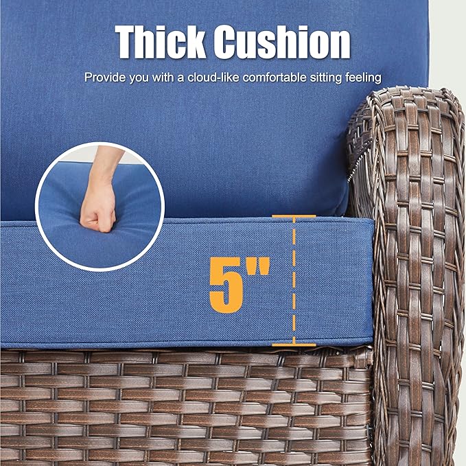 Patio Wicker Chairs Swivel Rocker - Rocking Outdoor Chair Set of 2, 360 Degree atio Swivel Glider Chair with All-Weather Removable Cushions for Garden, Porch, Backyard, Blue/Brown Wicker