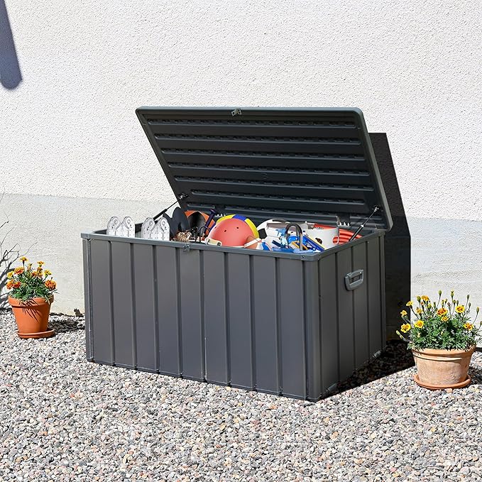 LANTRO JS Pool Storage Box 120 Gallon, Waterproof Deck Box, Resin Lid Metal Patio Storage Bin with Lockable, Dark Gray