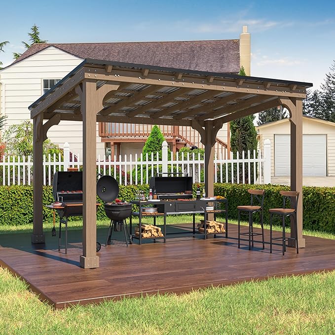10 x 12 FT Outdoor Wooden Grill Gazebo with 5.5" Width Wood Posts, Rainwater Drainage, BBQ Gazebo with Sloping Metal Roof for Barbecue, Backyard, Garden, Light Mocha Brown