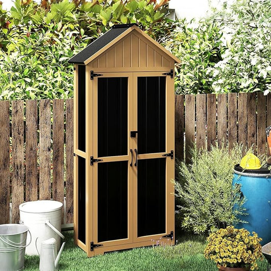 Outdoor Storage Cabinet with Shelf, Wood & Metal Storage Shed with Lockable Doors & Sloping Roof, Outdoor Cabinets for Patio Backyard, Garden Shed Tool Shed and Accessories, Brown