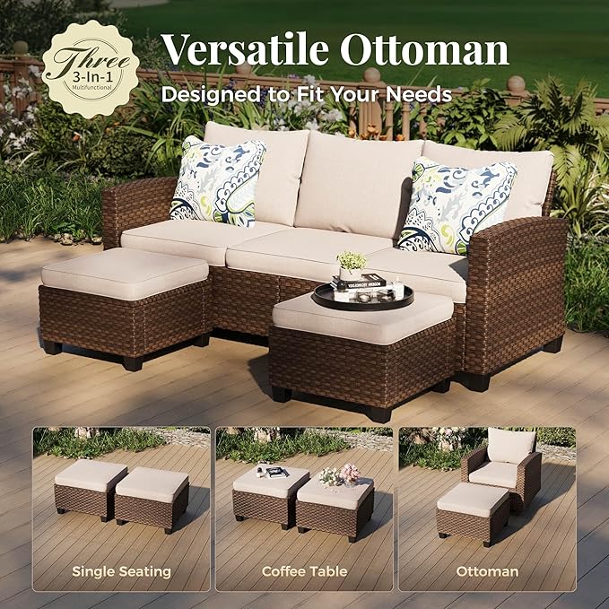 Patio Furniture Set, 6 Pcs Wicker Rattan Outdoor Conversation Set, 2 x Leg Chairs, 1 x 3 Seater Sofa and 2 x Ottoman with 4" Thick Cushion and 32" Fire Pit Table, Beige