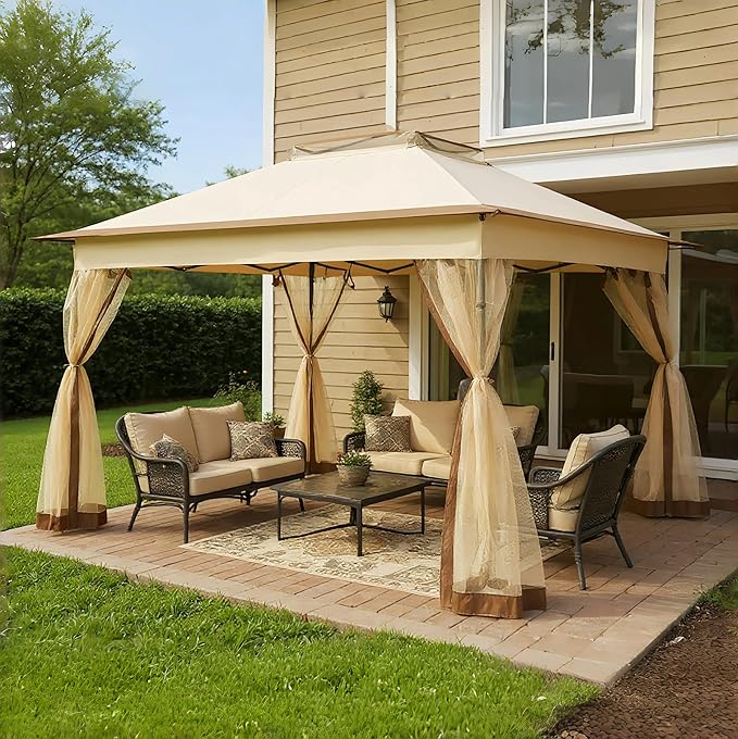 Bezseller 11x11 Pop Up Gazebo Tent with Mosquito Netting – Quick Set Up, Water-Resistant Outdoor Canopy for Patio, Garden, Backyard, and More,Khaki