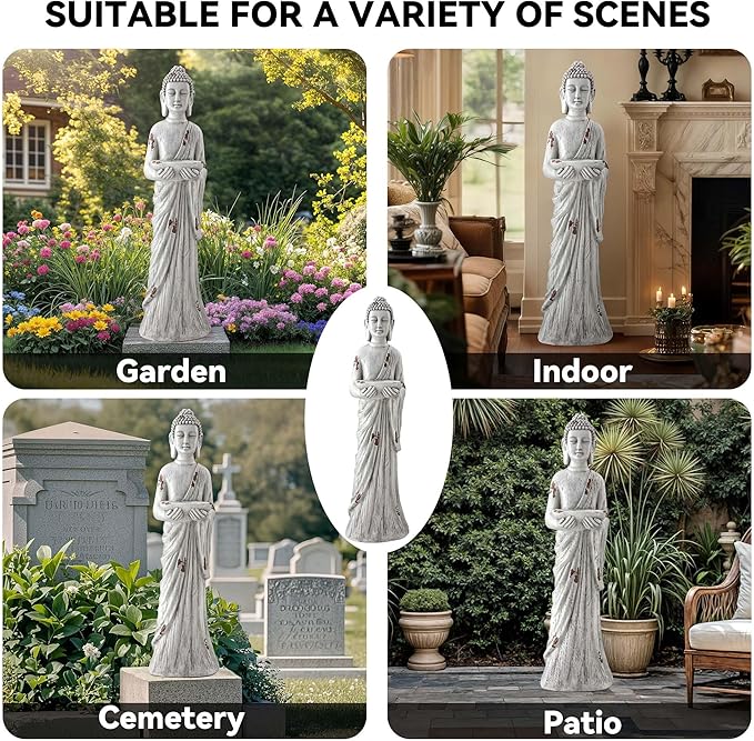 Zen Garden Asian Buddha Statue, 42.1" Large Outdoor Yard Sculpture,Durable Magnesium Oxide Stone Decor for Patio, Yard,Indoor Spaces, Antique White