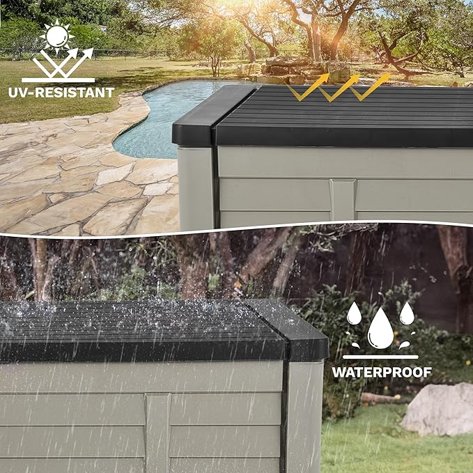 DWVO 120 Gallon Outdoor Storage Box, Large Resin Deck Box with Louver Design, Lockable Patio Storage Bin for Indoor and Outdoor Use, Pillows, Tools, and Pool Supplies -Black & Brown