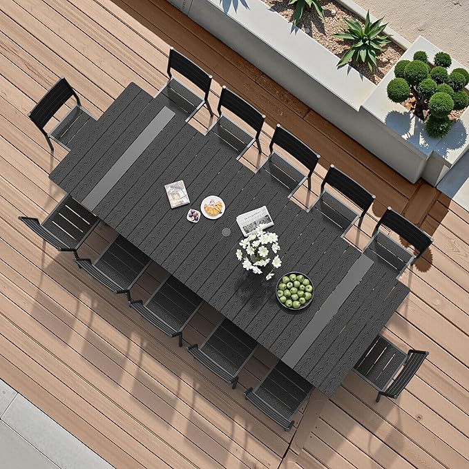 Pellebant 13 Piece Patio Table and Chairs Set for 12, Aluminum Outdoor Dining Set with Umbrella Hole, Stackable Dining Chairs & 114" Dining Table, Brown