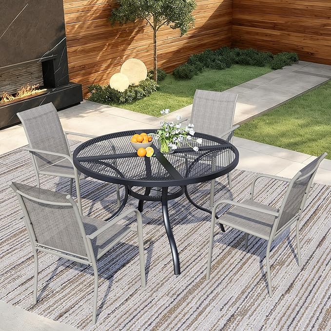 5 Pieces Round Dining Table Set for 4, Patio Dining Set Includes 4 Grey Stackable Patio Chairs and 1 Black Mesh Round Table, Patio Furniture Sets with Sling Support for Outside, Garden