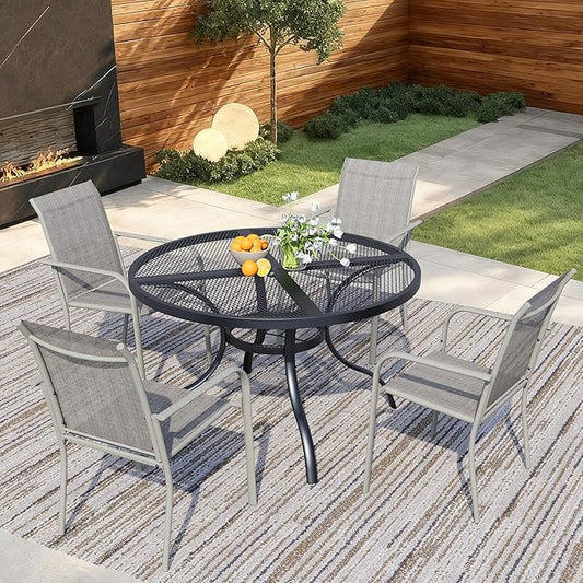 5 Pieces Round Dining Table Set for 4, Patio Dining Set Includes 4 Grey Stackable Patio Chairs and 1 Black Mesh Round Table, Patio Furniture Sets with Sling Support for Outside, Garden
