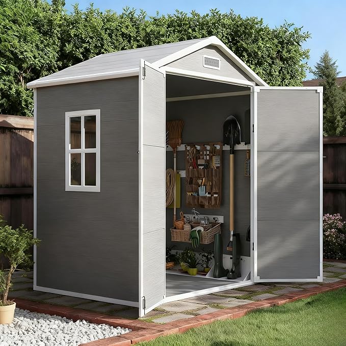 Outdoor Shed 5x3/6x4/7x7/8x6/8x10/8x12 FT, 15MM Thick PP Resin Plastic Shed with Lockable Door & Floor - Waterproof Plastic Tool Shed for Bike, Garbage Can, Backyard, Patio ﻿ ﻿ (Grey, 6x4FT)