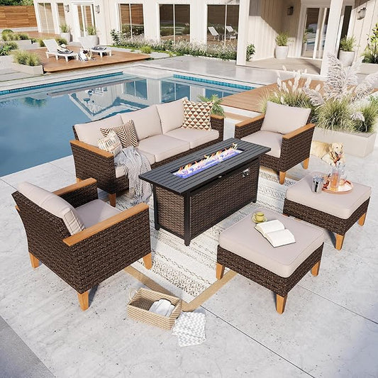 GREEN PARTY 7 Pieces Wicker Patio Furniture Set with 56" Fire Pit Table, All-Weather Outdoor Rattan Patio Sectional Sofa Conversation Set 7 Seats with 4" Thick Cushions for Garden, Backyard
