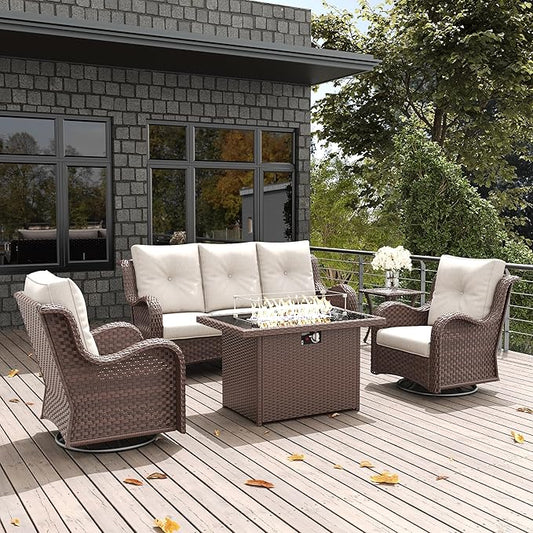 LayinSun 5 Pieces Outdoor Patio Furniture Set with Fire Pit Table, Rattan Wicker Sectional Swivel Rocker Chairs Sets with Swivel Glider Chair and Coffee Table