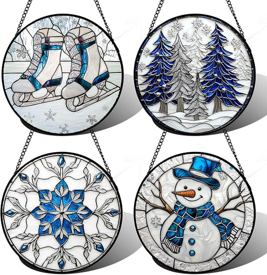 Stained Glass Window Hanging 4 Pcs Set White Winter Christmas Snow Scene 6.3" - Suncatcher Door Garden Sun Catcher Decor Birthday for Mom Woman Nana Men Friend Wife