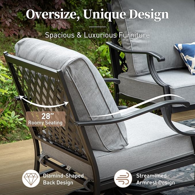 7 Piece Metal Outdoor Patio Furniture Set, Patio Conversation Sets 3-seater Sofa, 2 Rocking Chair, 2 Ottomans with 5.75" Thick Cushion, Black All-weather Frame Backyard Furniture, Gray