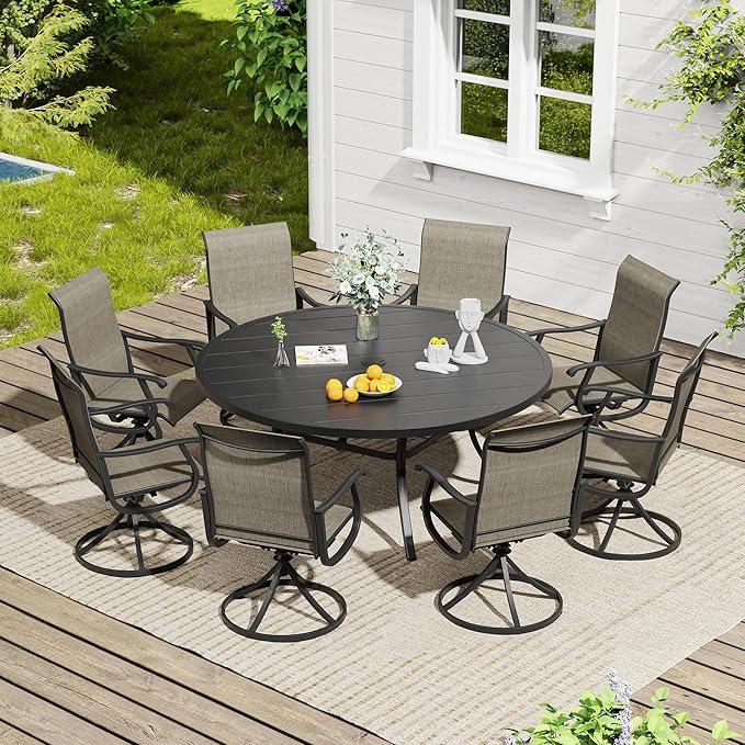 VICLLAX 9 Pieces Outdoor Dining Set, Patio Furniture Set of 8 Patio Swivel Dining Chairs and 60" Patio Round Table, Mixed Brown Chairs & Black Tabletop