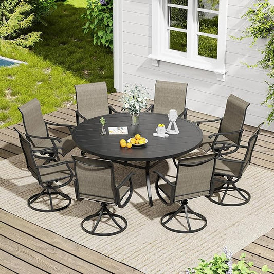VICLLAX 9 Pieces Outdoor Dining Set, Patio Furniture Set of 8 Patio Swivel Dining Chairs and 60" Patio Round Table, Mixed Brown Chairs & Black Tabletop