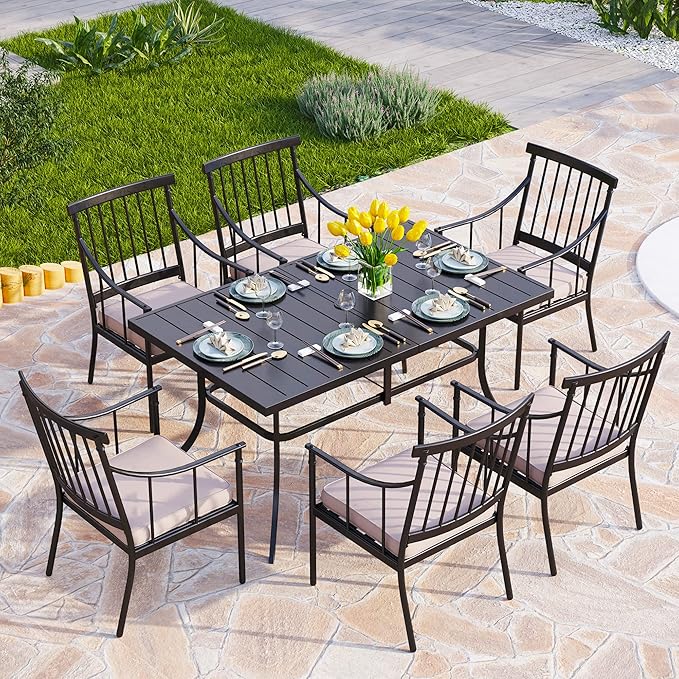 PHI VILLA 7 Piece Patio Dining Table Set with Cushion, Large Rectangular Metal Dining Table with Umbrella Hole & 6 Cushioned Iron Chairs for Outdoor, Deck, Yard
