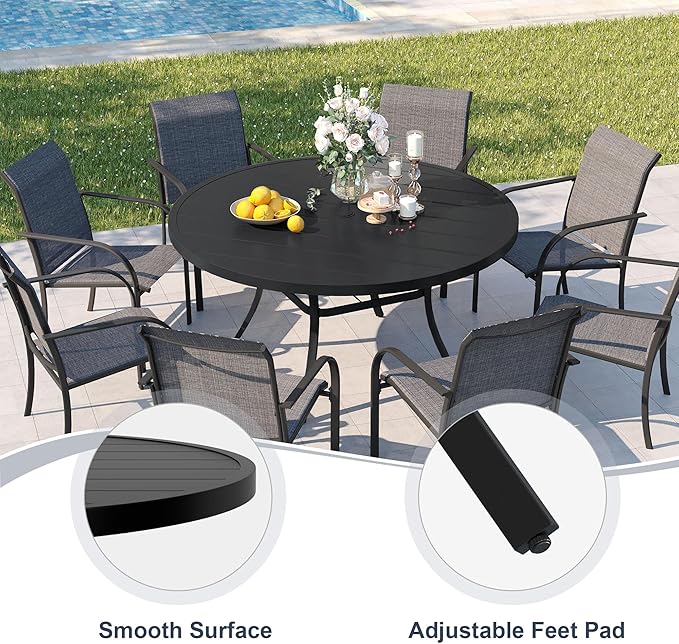 VICLLAX 53" Round Patio Dining Table for 6-8, Metal Outdoor Dining Table with Umbrella Hole for Garden, Patio, Balcony, Black