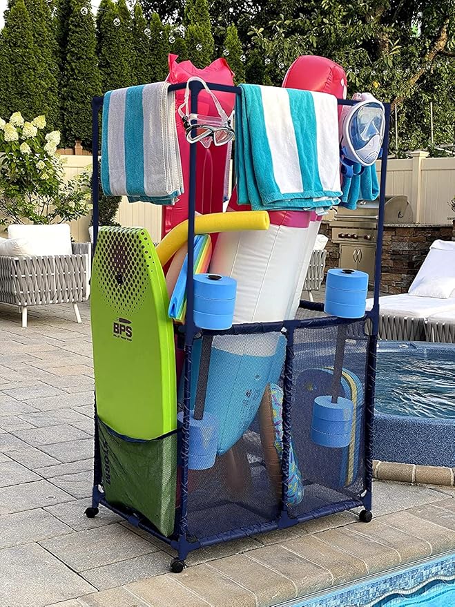 Essentially Yours Pool Equipment Holder with Towel Drying Bars, Mesh Rolling Pool Storage Organizer Bin, Extra Large with Towel Hanger, (34.5" W x 25" L x 62.6" H), Blue Style 418566