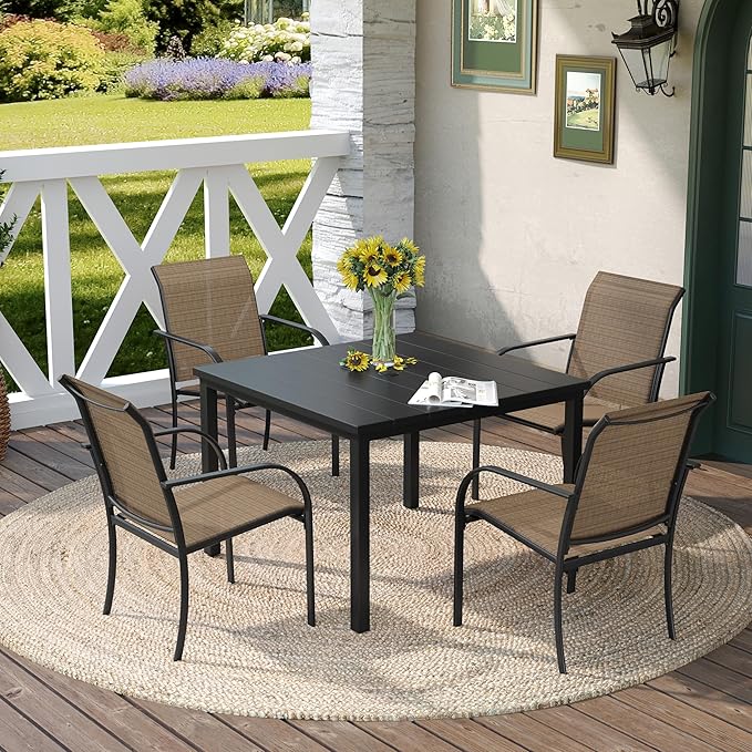 DIFY 40.2" Square Patio Dining Table for 4, Outdoor Metal Dining Table with 1.57" Umbrella Hole for Backyard Lawn Garden, Black