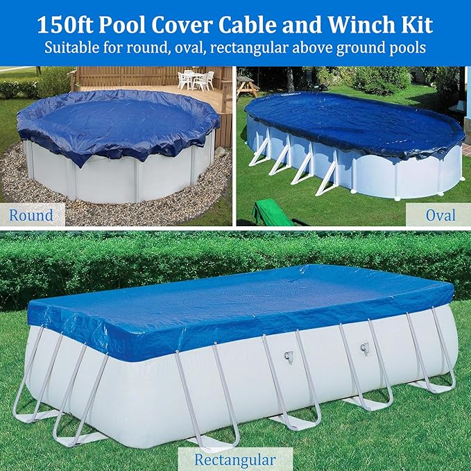 Belleone Swimming Pool Cover Cable and Winch Kit - 150ft Plastic-Coated Steel Pool Cover Wire & Aluminum Spring Loaded Pool Cover Ratchet for Above Ground Swimming Pool Winter Safe (Red)