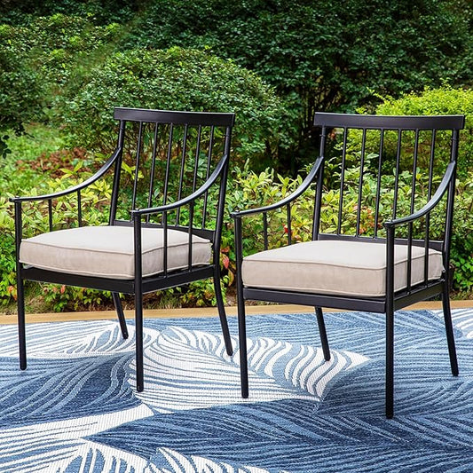 PHI VILLA Outdoor Metal Dining Chairs with Cushion, 300lbs Black Heavy Duty Weatherproof Chairs for Patio, Deck, Yard - Set of 2