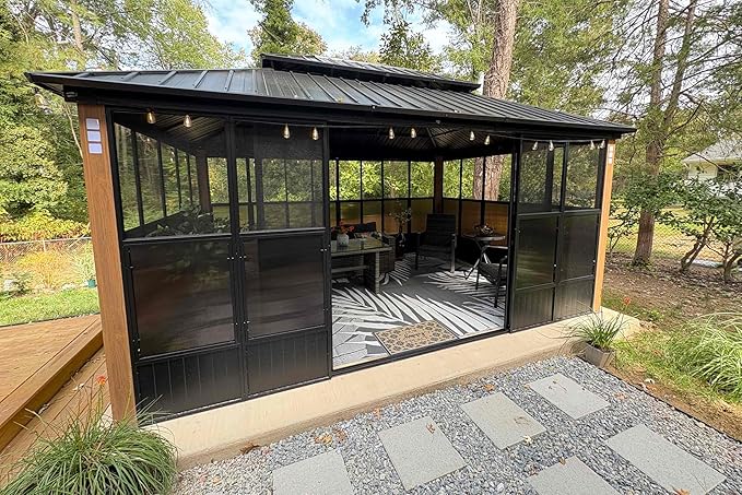 PURPLE LEAF 12' X 16' Sunroom Patio Hardtop Gazebo Double Top Galvanized Steel Screen House Aluminum Sun Room Outdoor Solarium for Garden Backyard and 24 Solar String Light