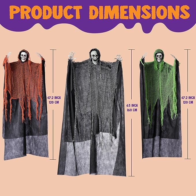 JOYIN 3 Pcs Halloween Hanging Grim Reapers, one 63” Two 47” Grim Reapers, Halloween Skeleton Outdoor Decoration Flying Ghost for Haunted Haunted House Prop, Party Supplies Decor